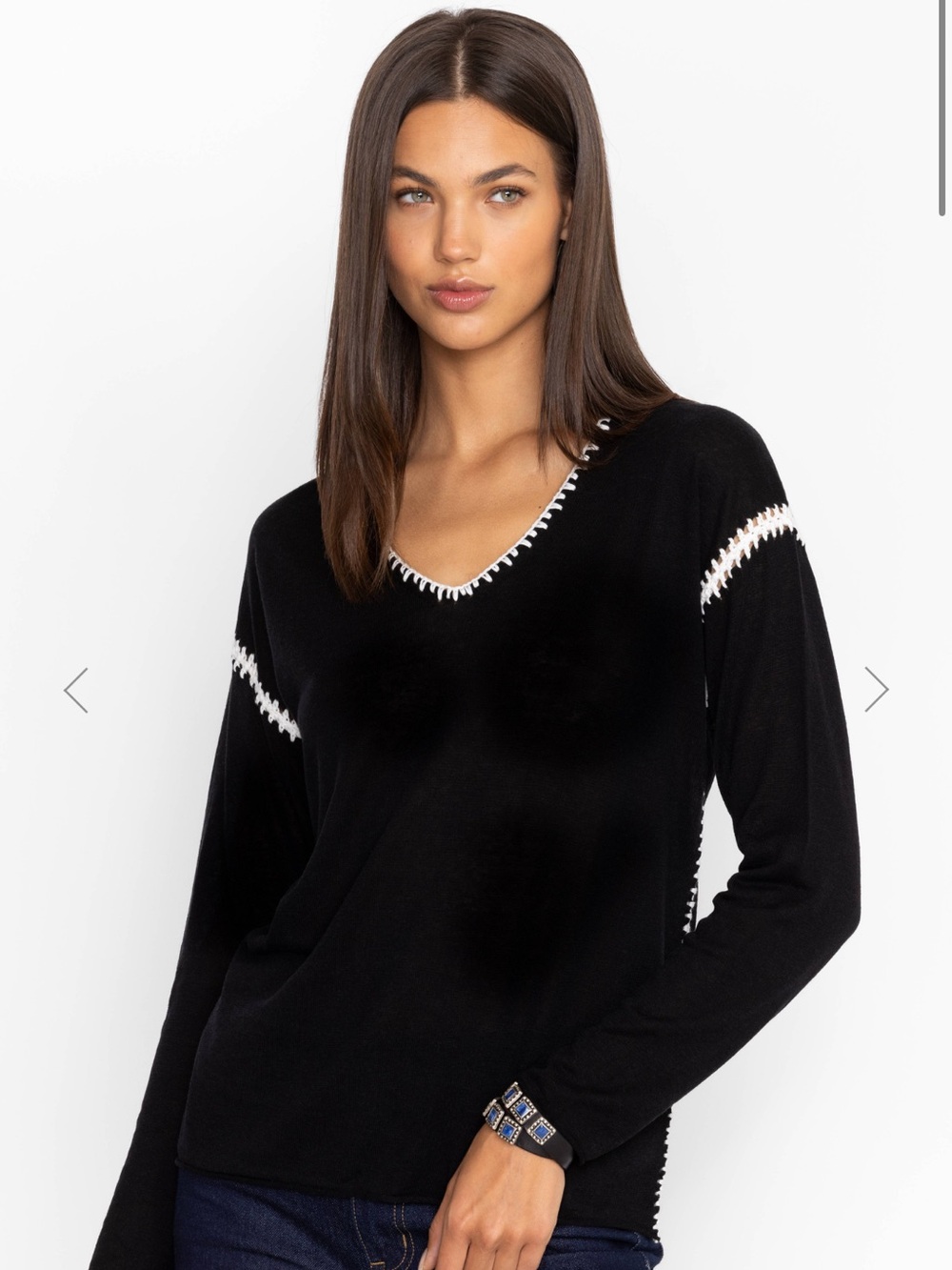 Johnny Was Whipstitched V neck Pullover lightweight sweater Black XS silk linen